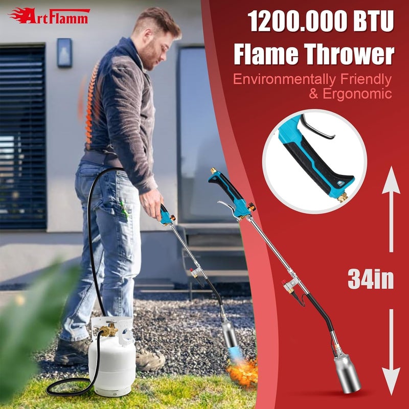 ARTFLAMM Portable Propane Torch Weed Burner Kit with Storage Bag, High Output BTUs & 10 FT Hose, Self Igniter Weed Flame Torch for Campfires,Roofing,Melting Snow and Ice,Road Marking - Image 2